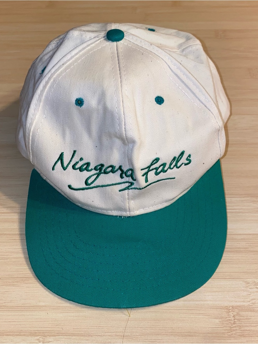 Vintage Niagara Falls Teal White SnapBack Hat Cap Spellout Embroidered New